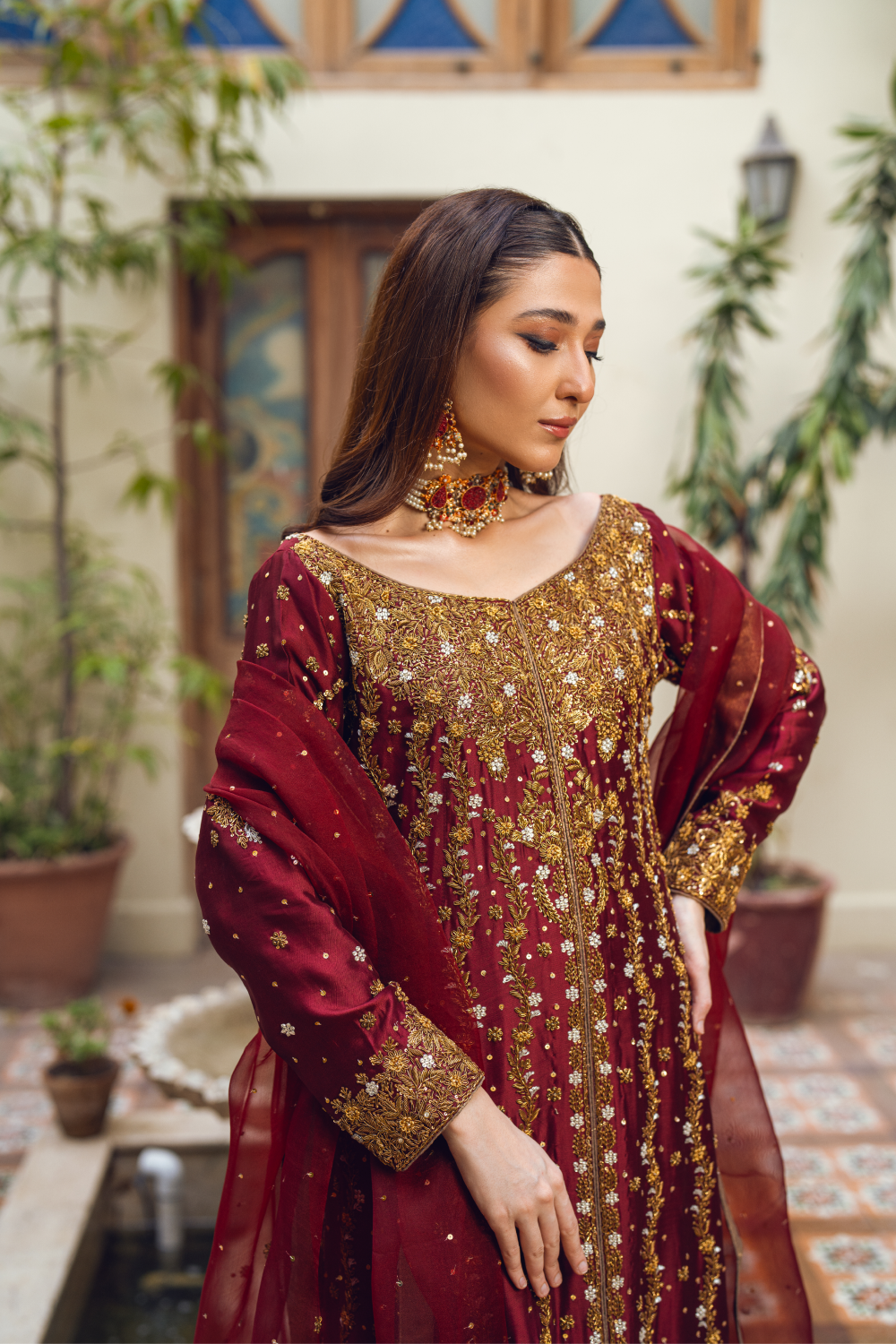 Maroon Pakistani Gown Set