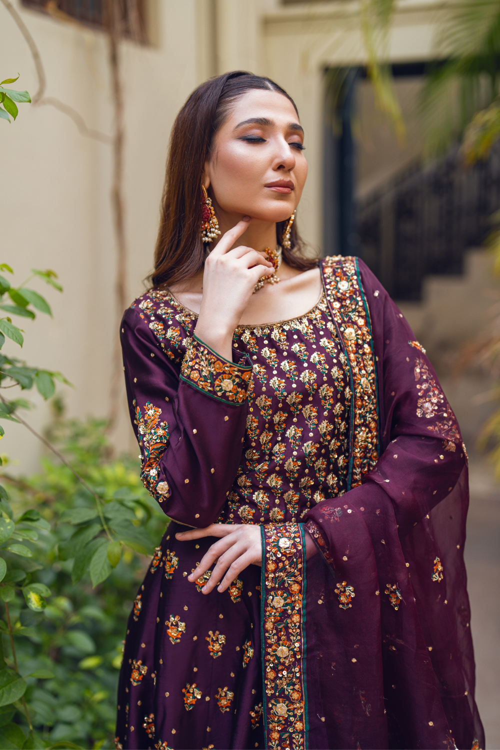 Plum Embroidered Pakistani Dress