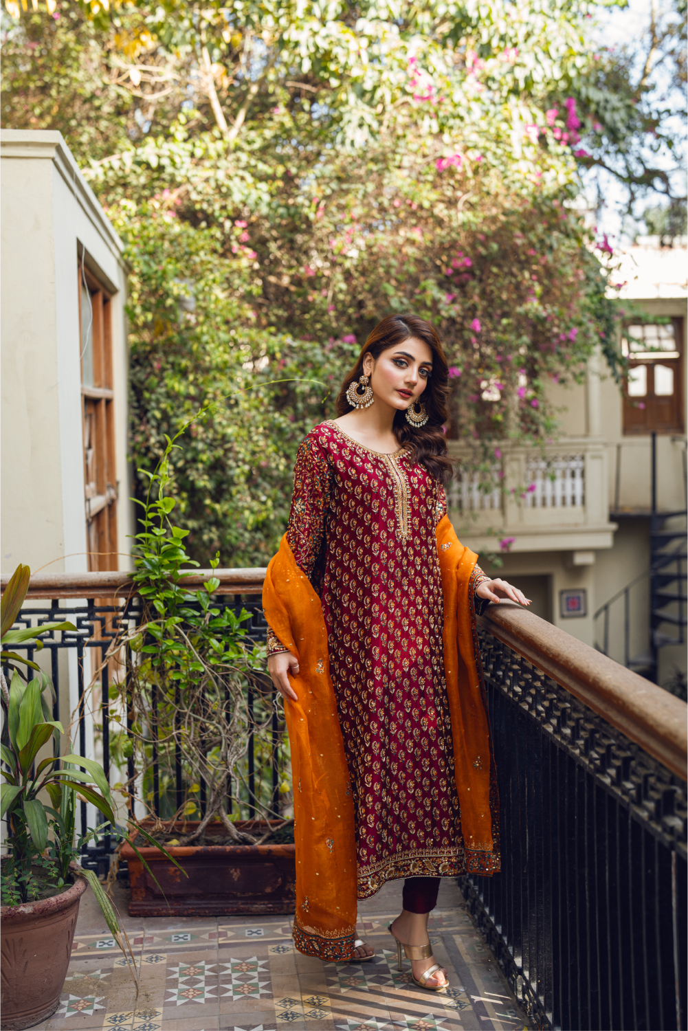 Maroon-Orange Pakistani Dress