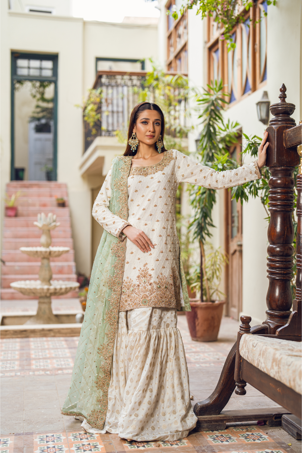 Ivory-Mint Pakistani Sharara Set