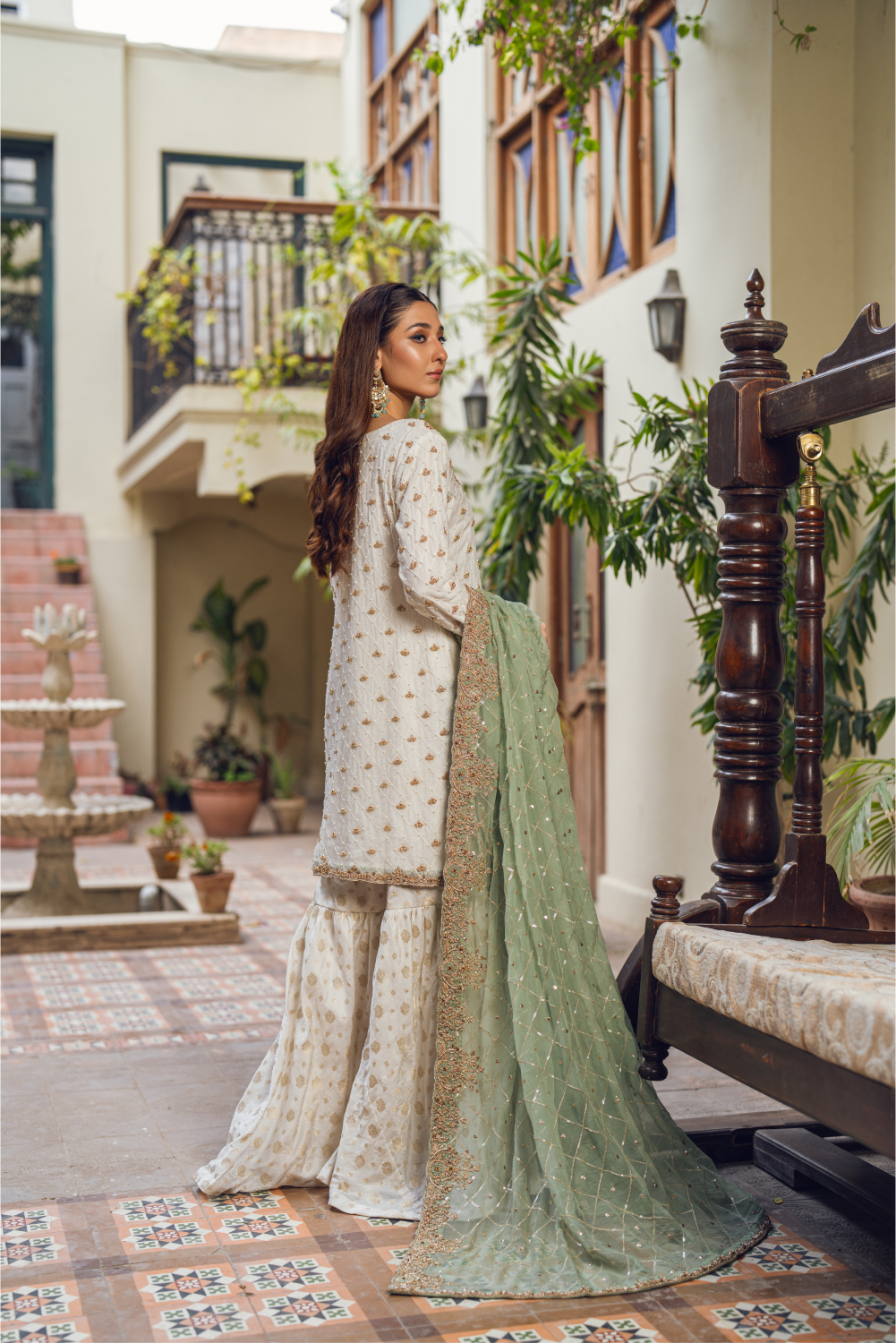 Ivory-Mint Pakistani Sharara Set