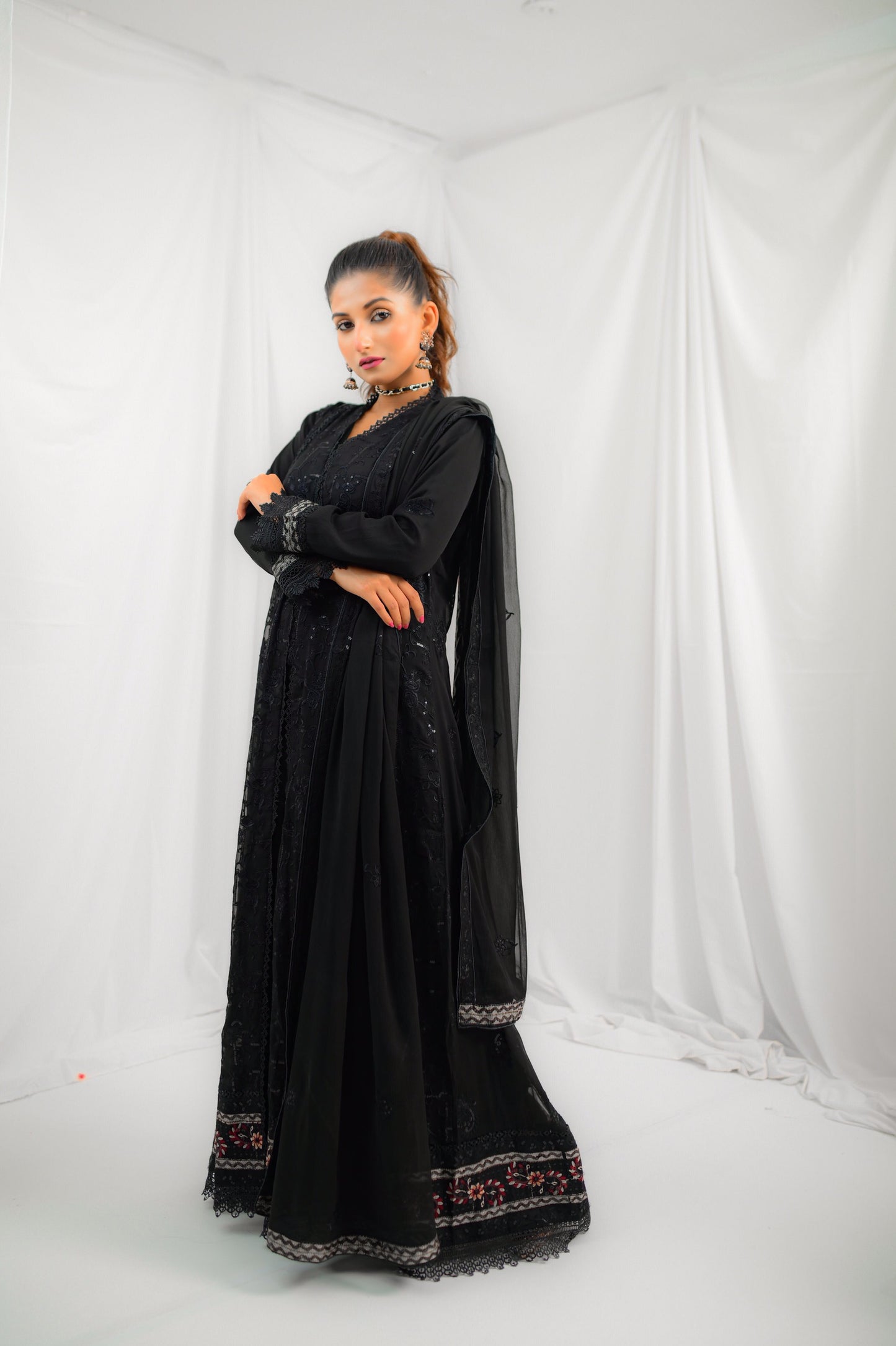 Classic Black Embroidered Anarkali Dress with Dupatta