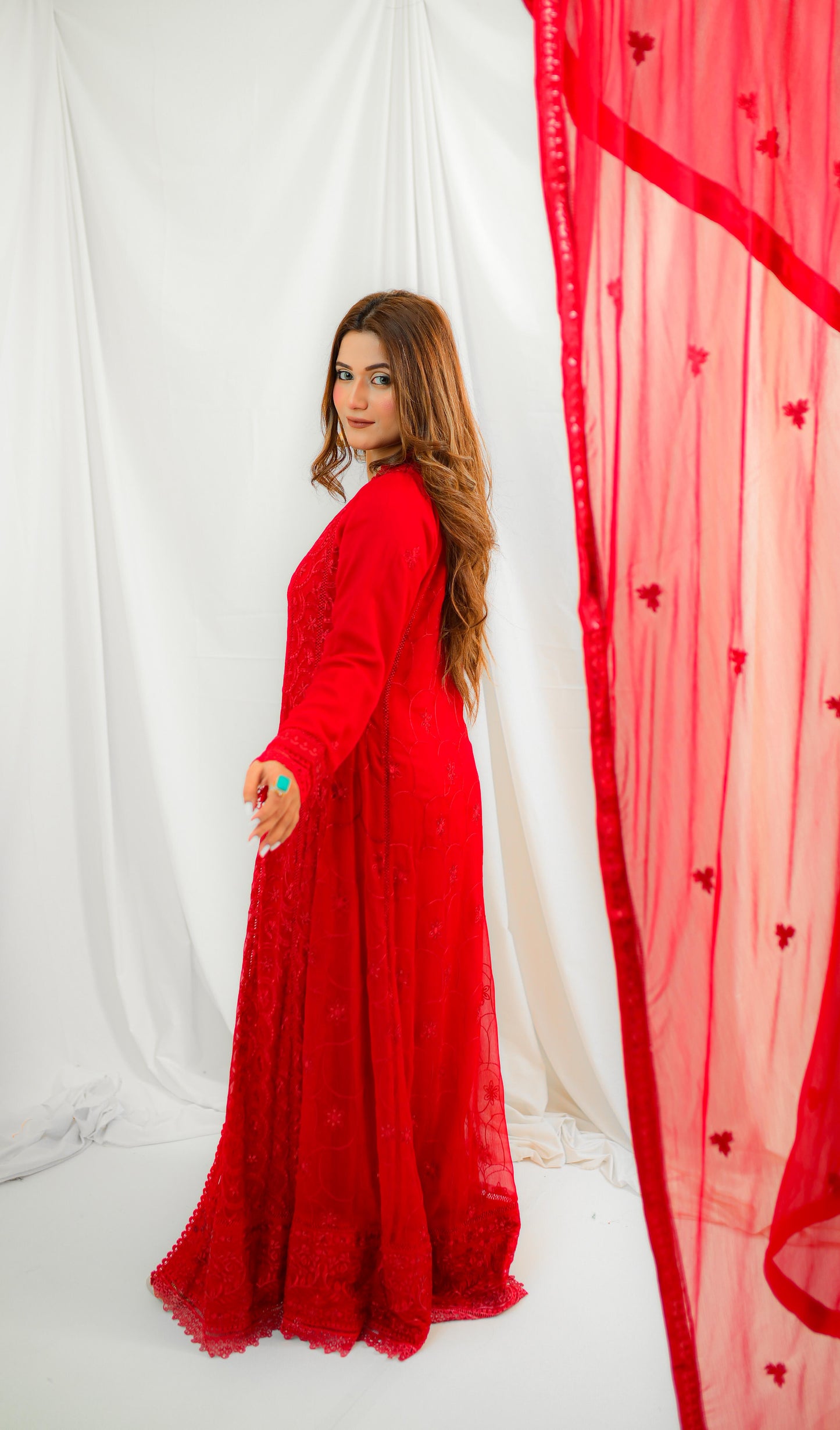 Radiant Elegance- Red Lace Anarkali Dress