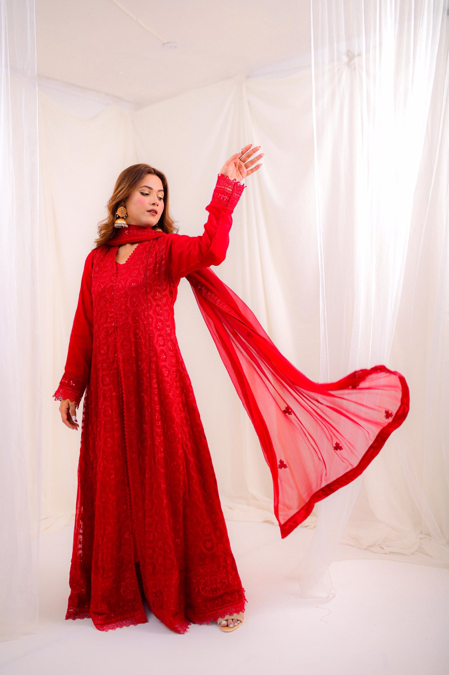 Radiant Elegance- Red Lace Anarkali Dress